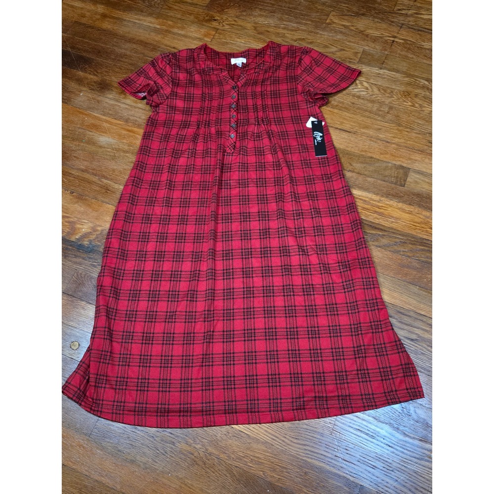 Aria Collection Red Plaid Henley Nightgown Short Sleeve Sleep Gown Medium NEW